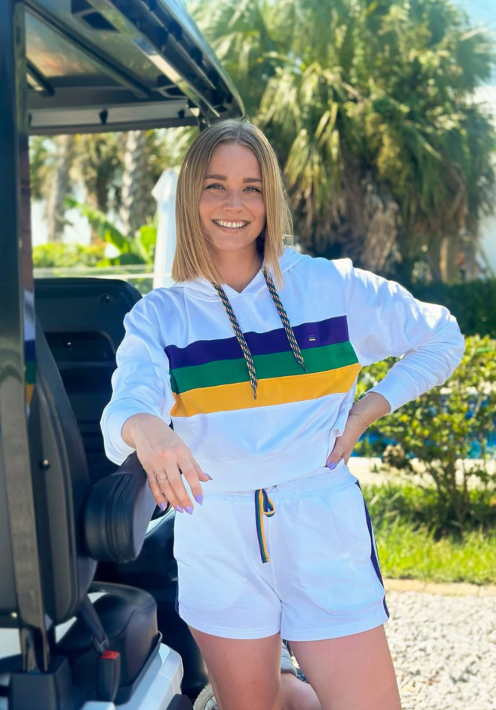 White Chest Stripe Junior/Misses Pullover Crop Hoodie