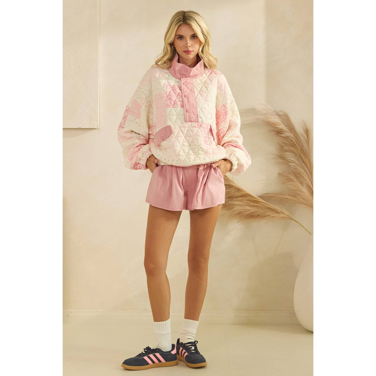 Textured Contrast printed Quarterzip Sweater: Pink Combo
