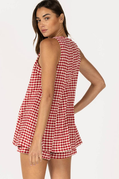 Gingham Sleeveless Baby doll Romper - RED