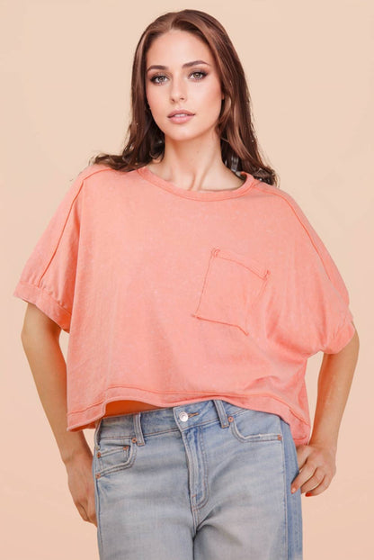NT11429-Mineral Washed Oversized Crop Comfy Knit Top: BLUE
