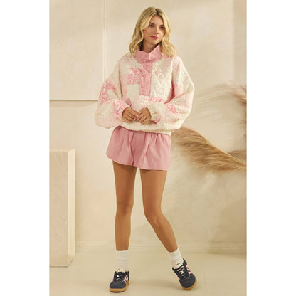 Textured Contrast printed Quarterzip Sweater: Pink Combo