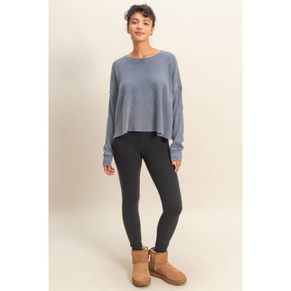 Open Back Textured Knit Long Sleeve Top: CHESTNUT