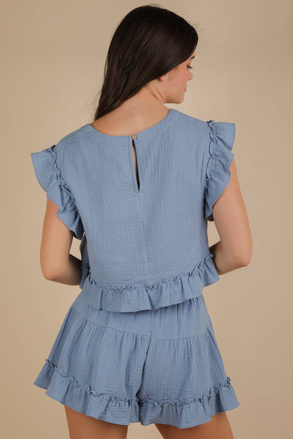 NT12150SET-Ruffled Solid Woven Top & Shorts Set: BLUSH