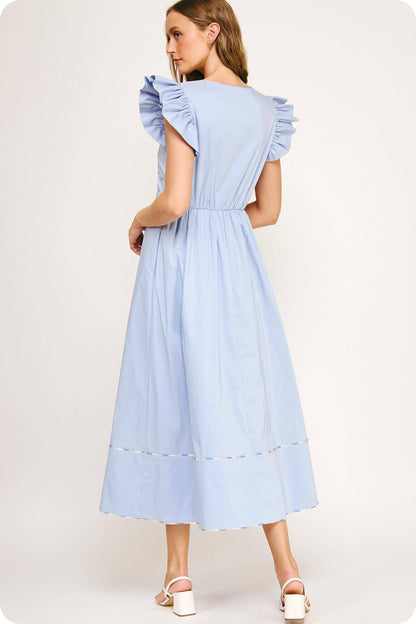 Contrast Multi Color Piping Midi Dress: Chambray