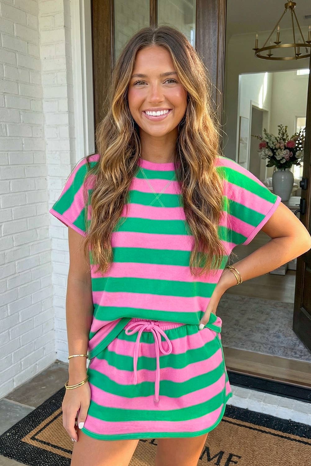 LAS Stripe Dolman Tee Drawstring Skort 2pcs Set : Yellow Stripe