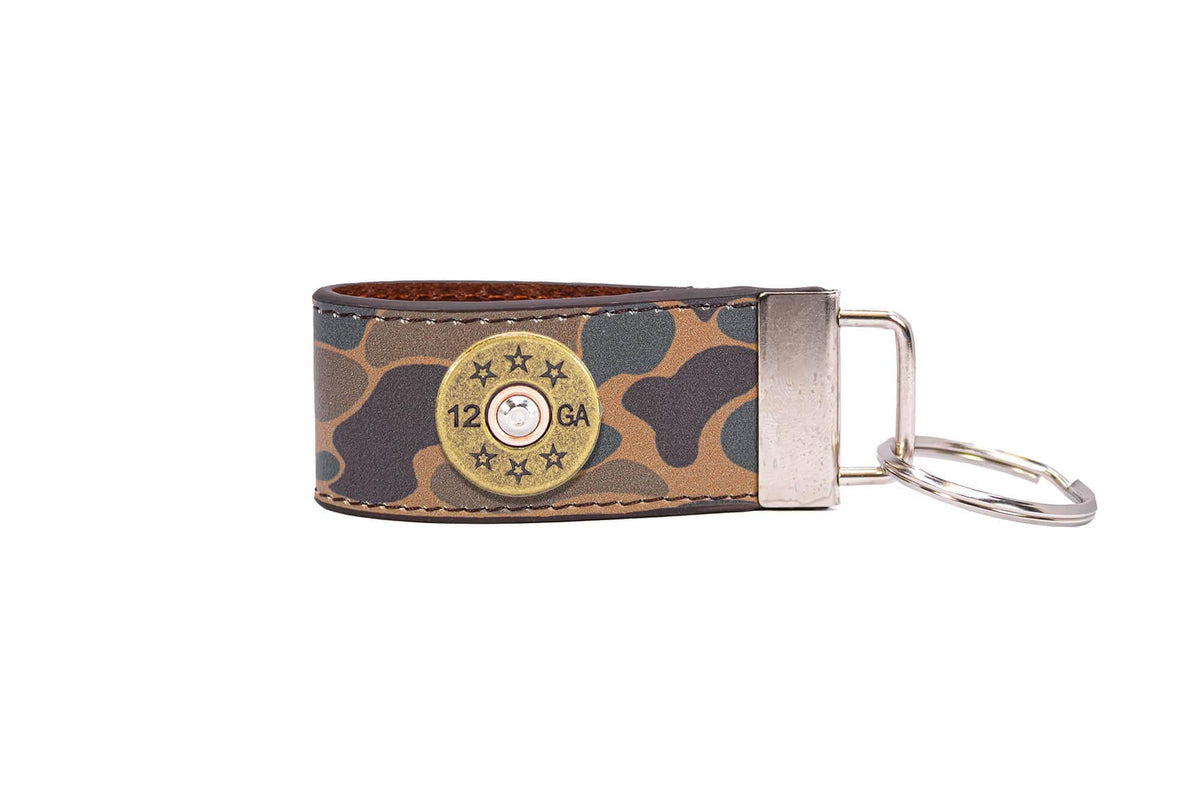 Shotshell Hunting Old School Camo Leather Loop Keychain.: Brown/Tan Camo