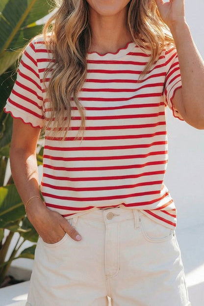 LAS Stripe Scalloped Trim Round Neck T Shirt : Red / Missy