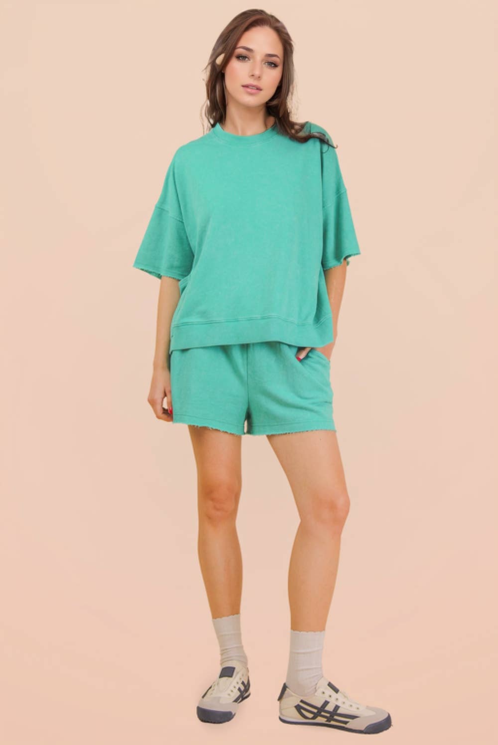 Mineral Washed Knit Casual Top & Shorts: CORAL