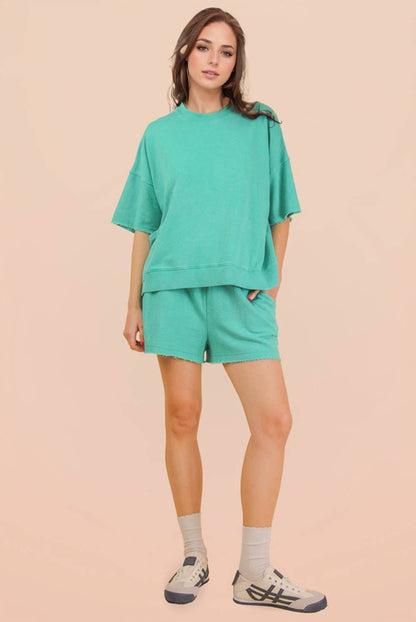 Mineral Washed Knit Casual Top & Shorts: CORAL