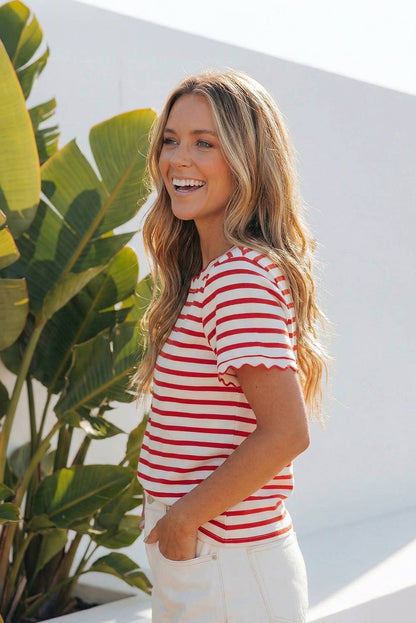 LAS Stripe Scalloped Trim Round Neck T Shirt : Red / Missy