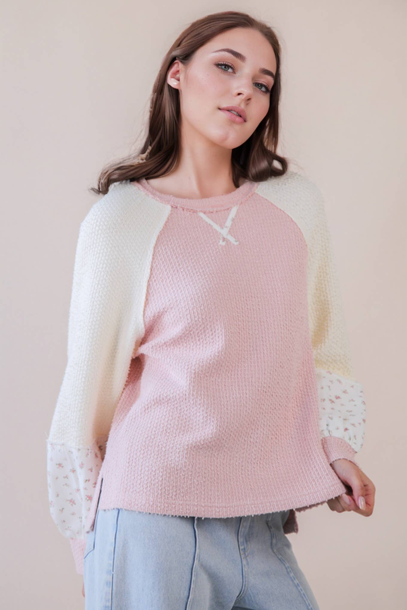 NT12328-Raglan Sleeve Color Block Casual Textured Knit Top: BABY BLUE