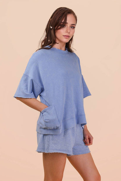 Mineral Washed Knit Casual Top & Shorts: CORAL