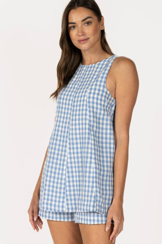 Gingham Sleeveless Baby doll Romper - BLUE