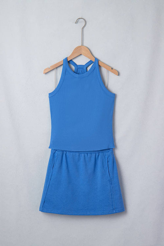 LDC Slim Tank Top Elastic Waist Mini Skirt 2pcs Outfit: Sky Blue