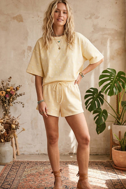 Polka Dot Heavy Scuba Top and Shorts Set: LT YELLOW/WHITE