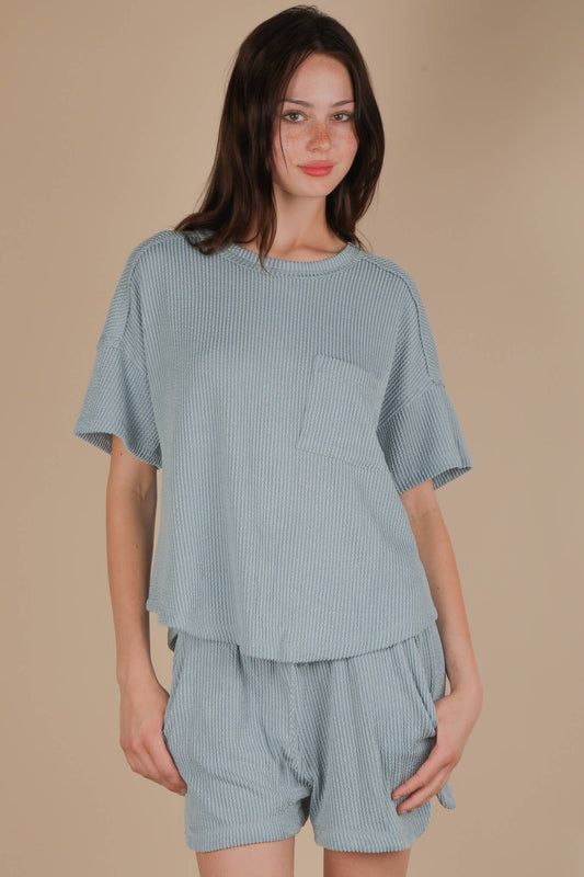 NT12017SET-Oversized Two Tone Double Knit Top & Shorts: SKY BLUE