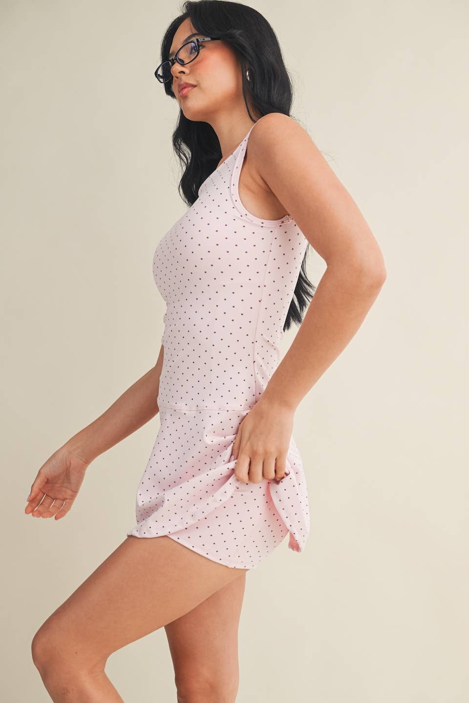 Polka Dot Print A-Line Mini Dress with Drop Waist: Pink Polka Dot