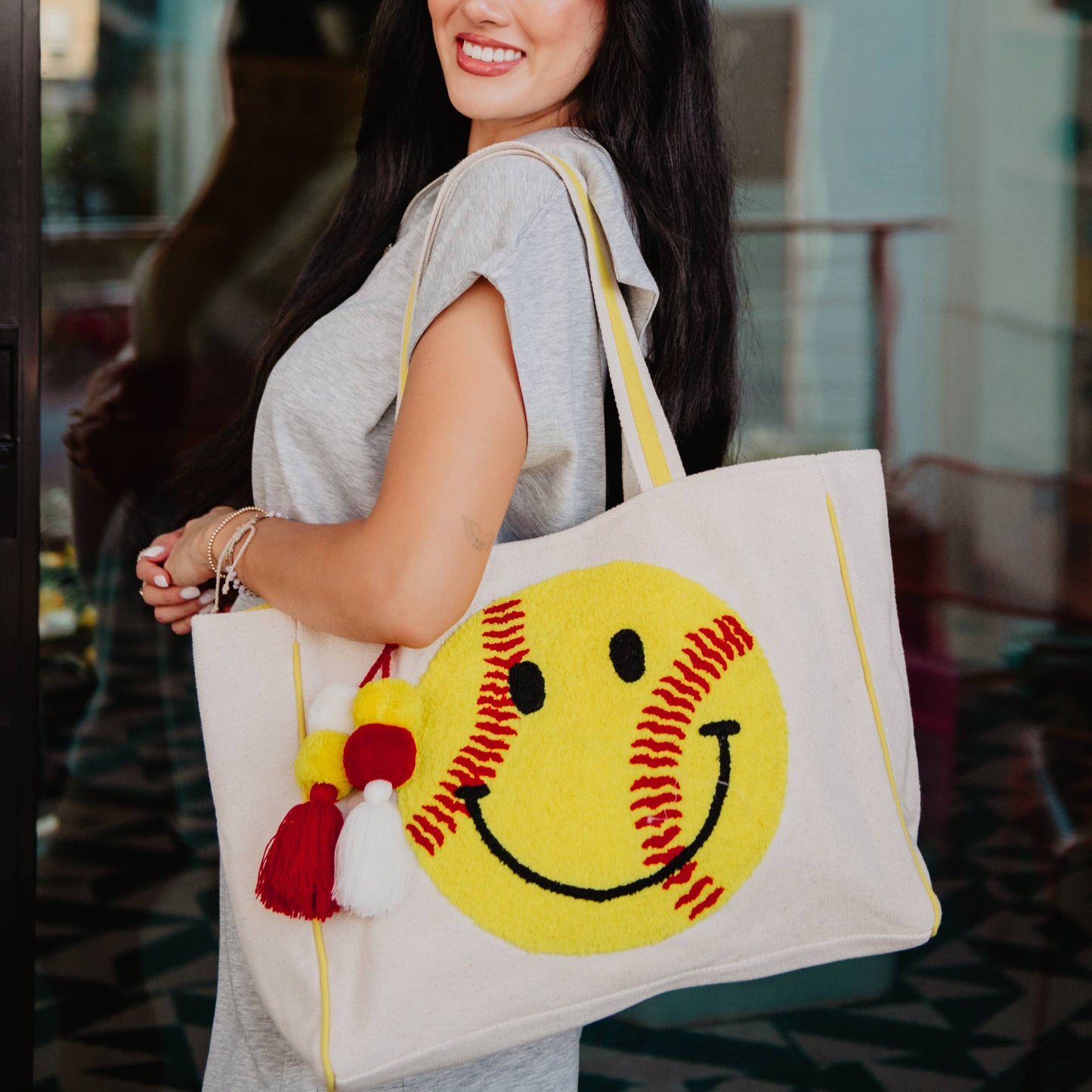 Softball Oversized Happy Face Canvas Tote Bag: Beige Canvas