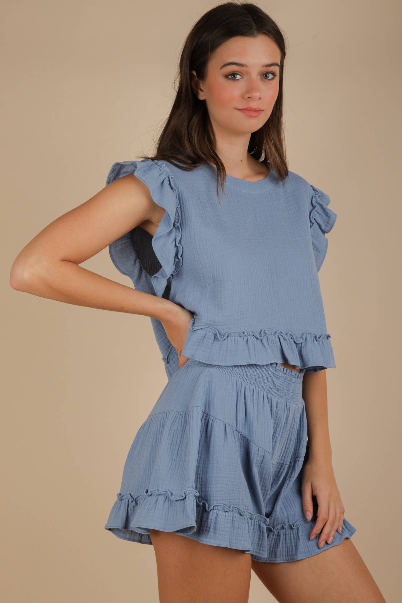 NT12150SET-Ruffled Solid Woven Top & Shorts Set: BLUSH