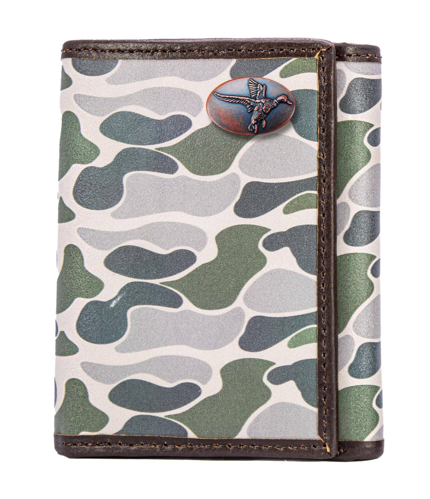 Mallard Men's Trifold Old School Camo Leather Wallet.: Green/Gray Camo