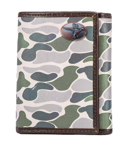 Mallard Men's Trifold Old School Camo Leather Wallet.: Green/Gray Camo