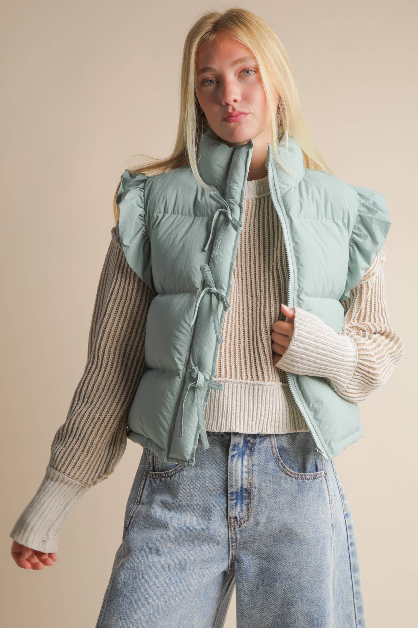 NJ90385-Front Bow Ruffle Sleeve Puffer Vest: SAGE
