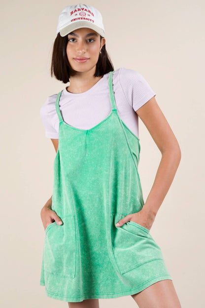 ND31251-Mineral Washed Knit Mini Dress with Shorts Inside : GREEN / S-M-L
