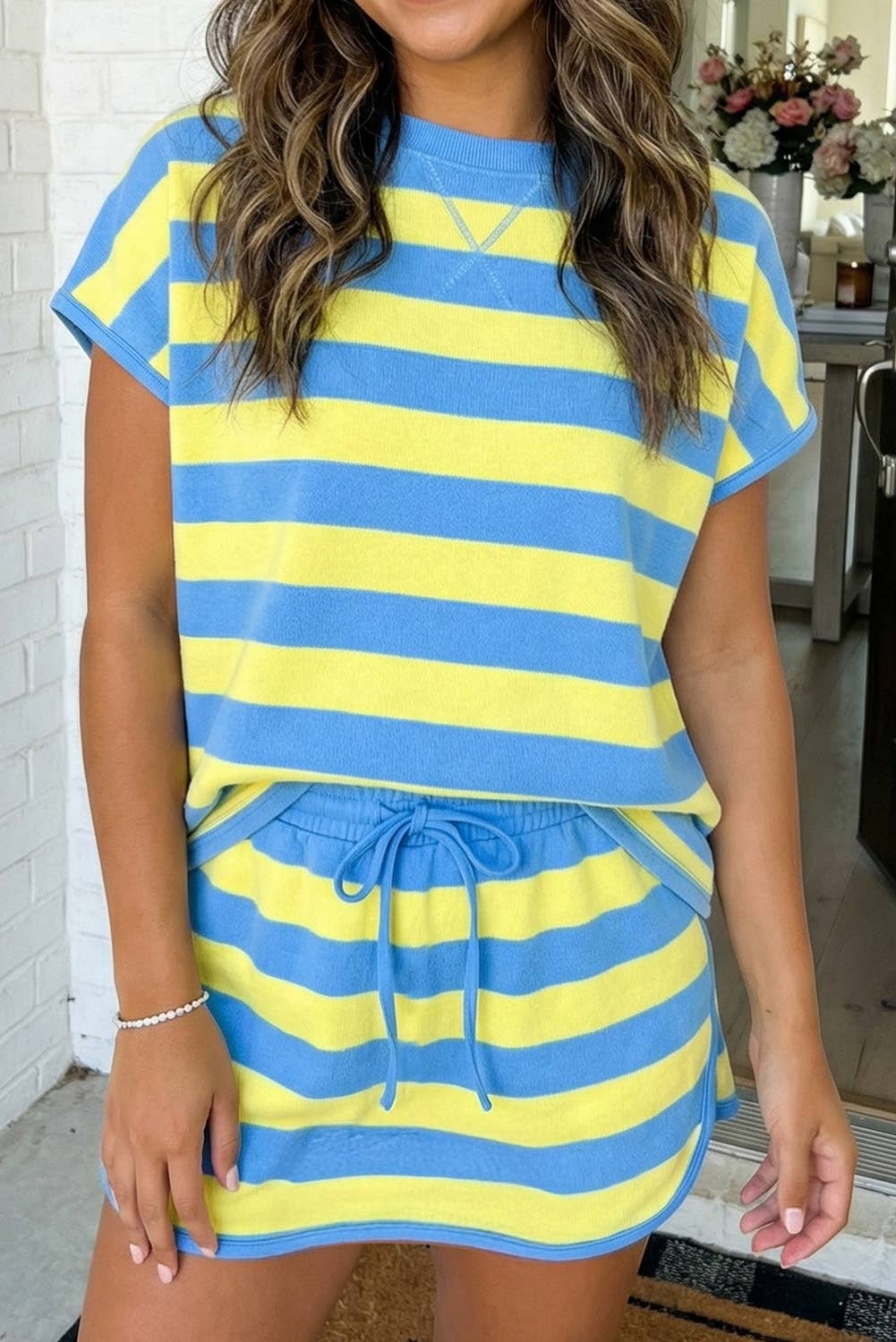 LAS Stripe Dolman Tee Drawstring Skort 2pcs Set : Yellow Stripe
