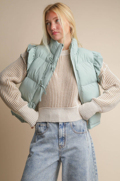 NJ90385-Front Bow Ruffle Sleeve Puffer Vest: SAGE