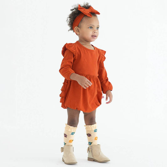 Baby Girls Rust Knit Long Sleeve Flutter Bubble Romper
: Orange
