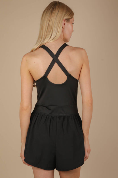 NP70880-Front Cutout Romper Activewear W/ Pantie Lining: BLACK