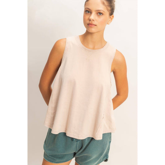 Raw Edge Details Sleeveless Washed Top: TAUPE