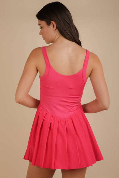 ND31725-Pleated Skirt Activewear Dress W/ Under Shorts: HOT PINK