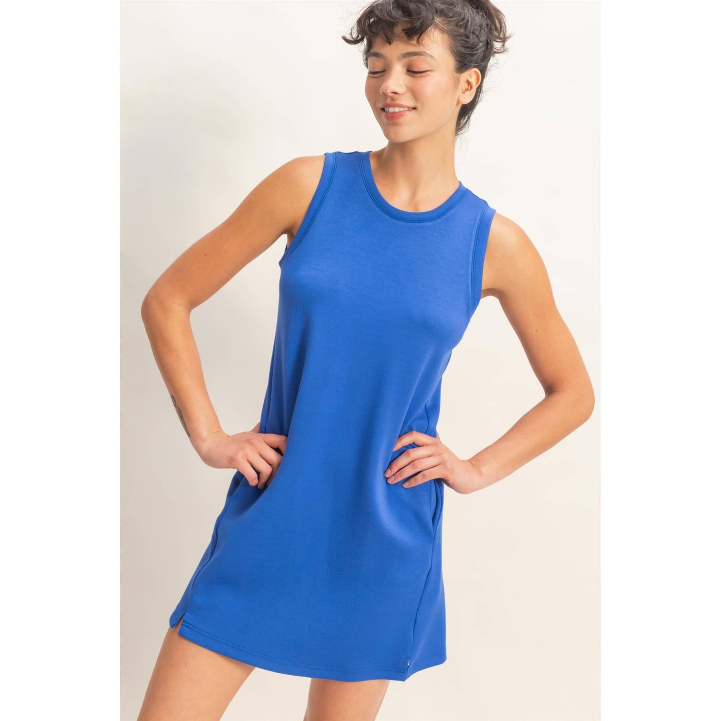 Crew Neck Tank Mini Dress: COBALT
