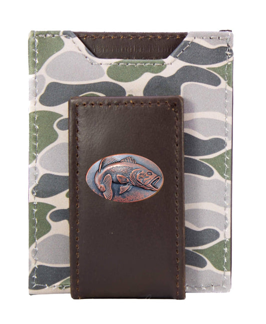Bass Men's Magnetic Front Pocket Old School Camo Leather Wallet.: Green/Gray Camo
