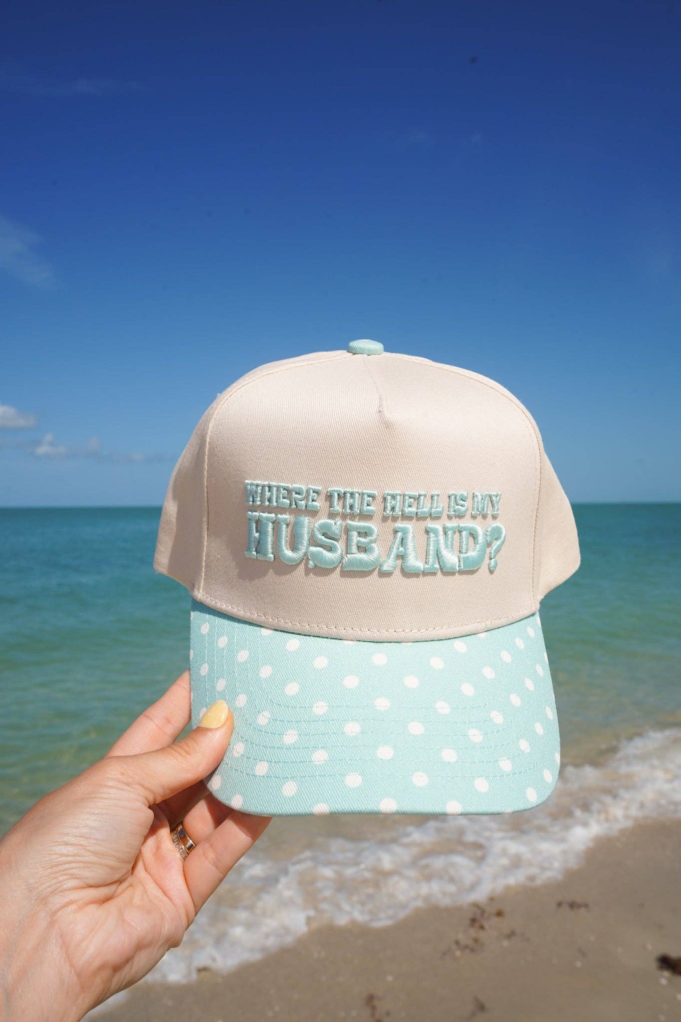 Where is my Husband? - Baby Blue Polka Dot Trucker