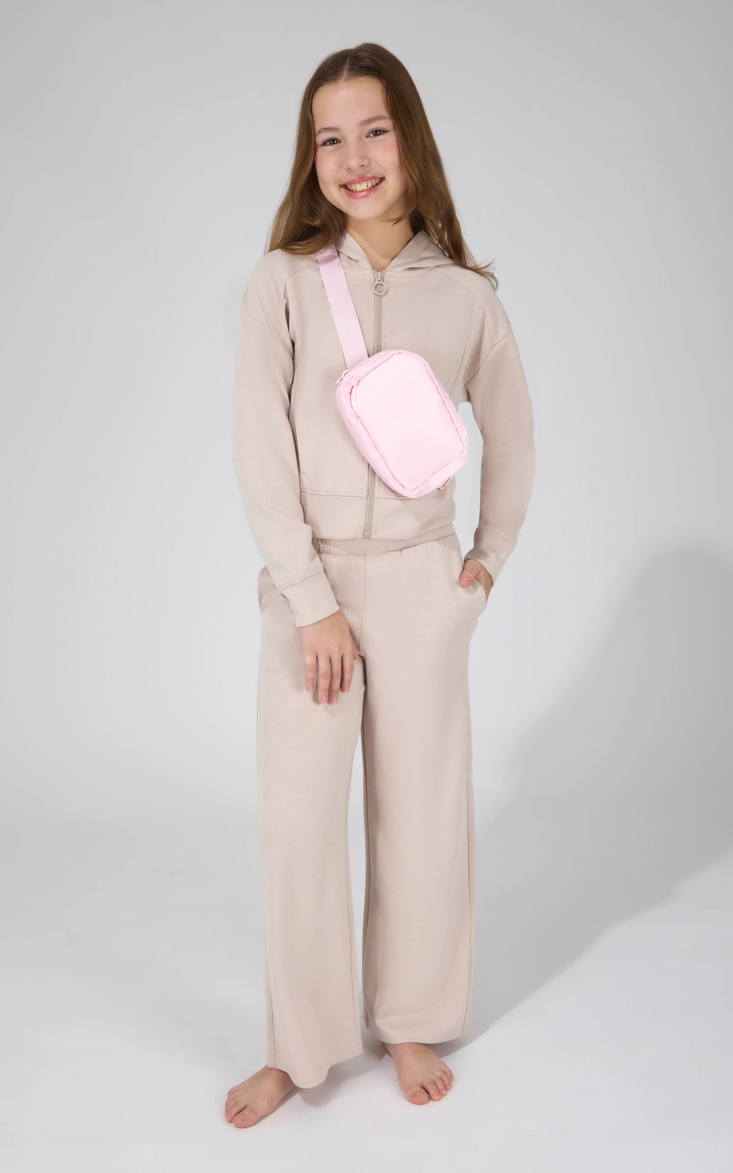 Girls Full Zip Hoodie Jacket, Pant, Fanny Bag Set: HTR.SHADOW ROCK/BLOSSOM