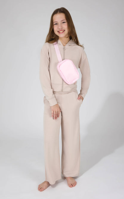 Girls Full Zip Hoodie Jacket, Pant, Fanny Bag Set: HTR.SHADOW ROCK/BLOSSOM