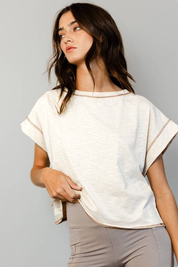 Overlap Open Back Reverse Stitched Crop Top: NATURAL