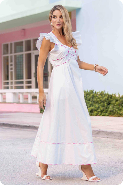 Contrast Multi Color Piping Midi Dress: Chambray