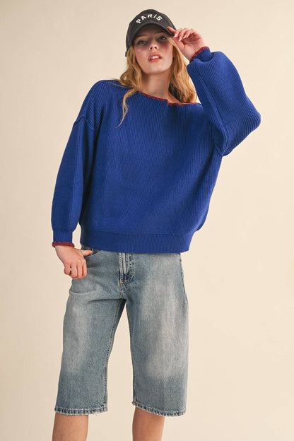 BOAT NECK TRIANGLE STITCH PUFF SLEEVE SWEATER MSW11245: CHOCOLATE CREAM