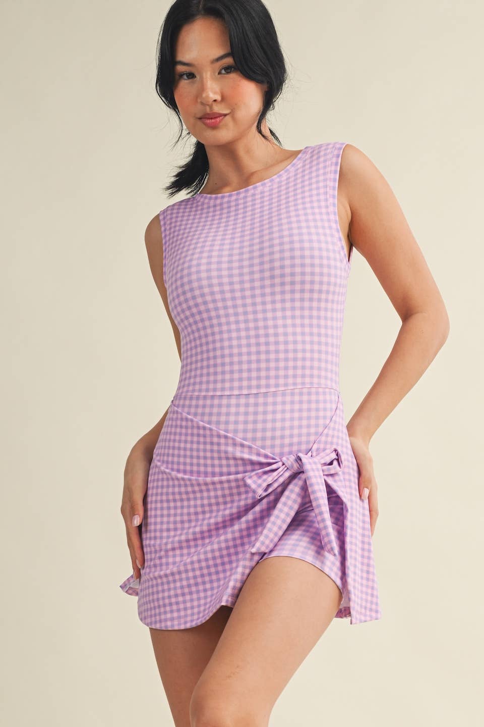 Gingham Print Sleeveless Wrap Tie Front Dress : Purple Gingham