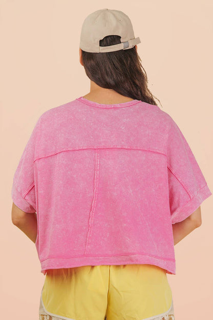 NT11429-Mineral Washed Oversized Crop Comfy Knit Top: BLUE