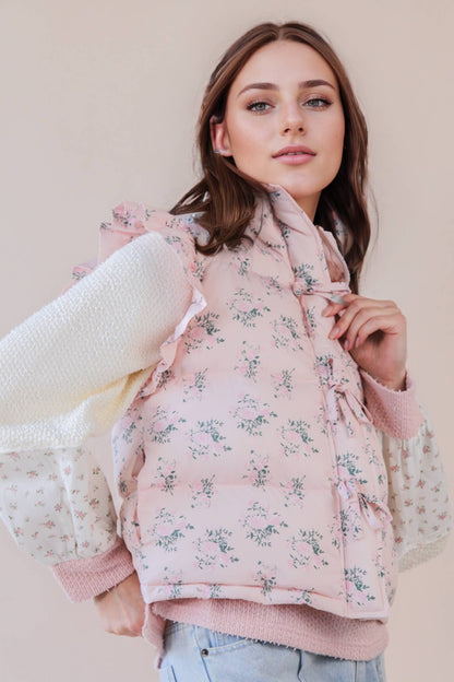 NJ90385-Front Bow Ruffle Sleeve Puffer Vest: SAGE