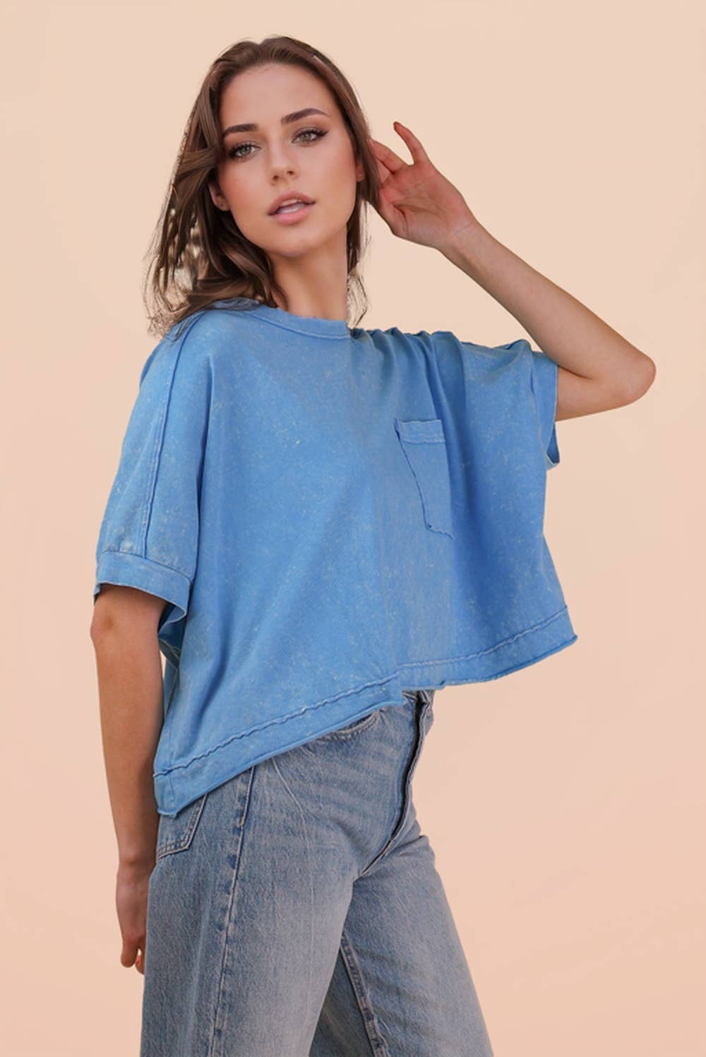 NT11429-Mineral Washed Oversized Crop Comfy Knit Top: BLUE