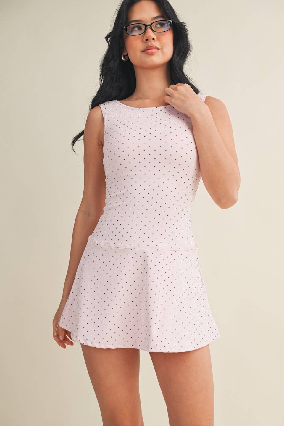 Polka Dot Print A-Line Mini Dress with Drop Waist: Pink Polka Dot