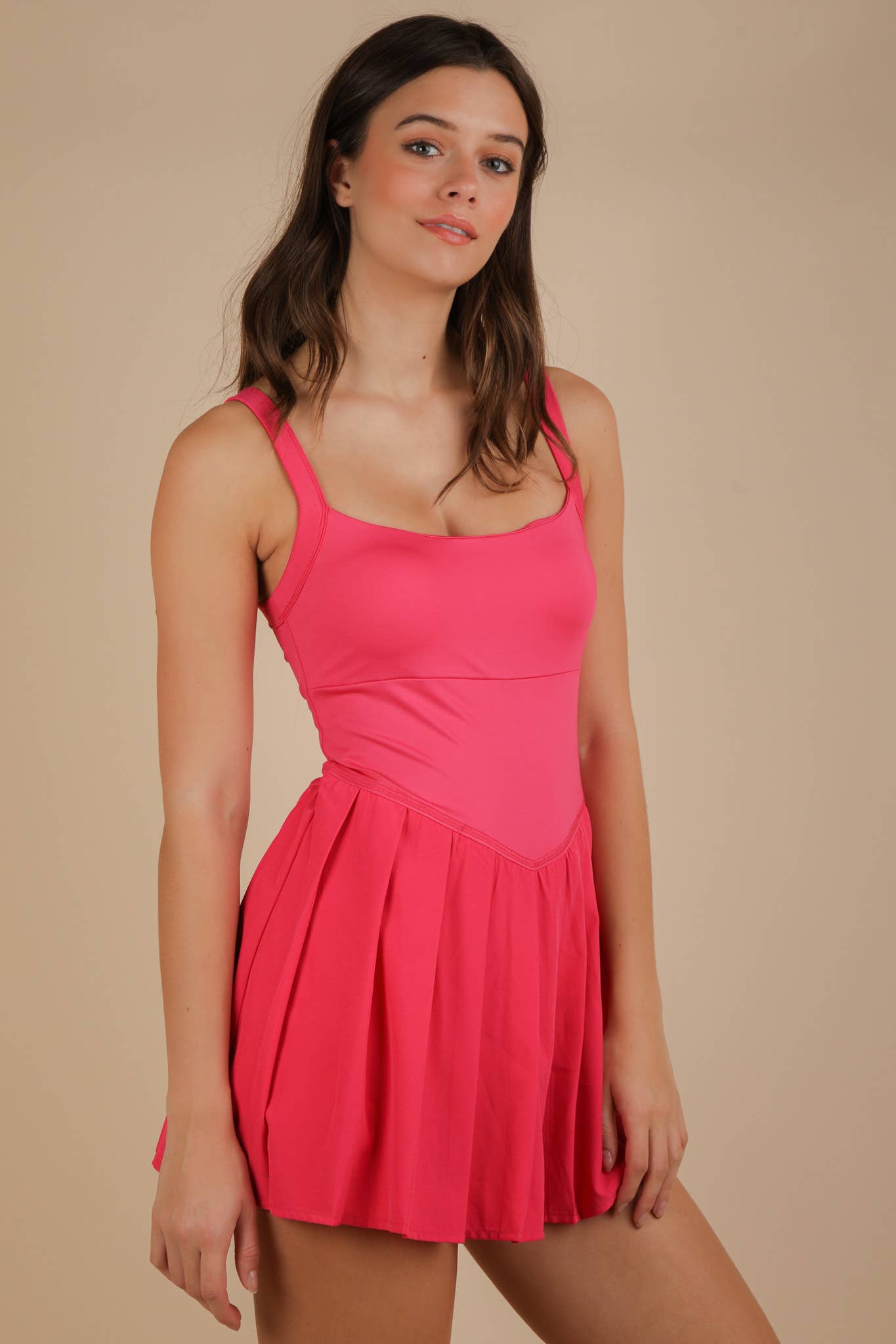 ND31725-Pleated Skirt Activewear Dress W/ Under Shorts: HOT PINK
