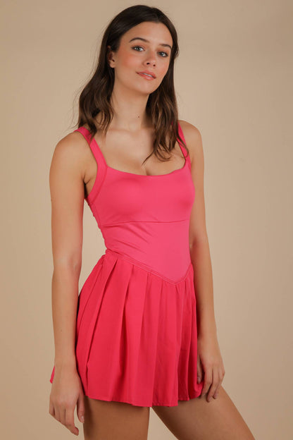 ND31725-Pleated Skirt Activewear Dress W/ Under Shorts: HOT PINK