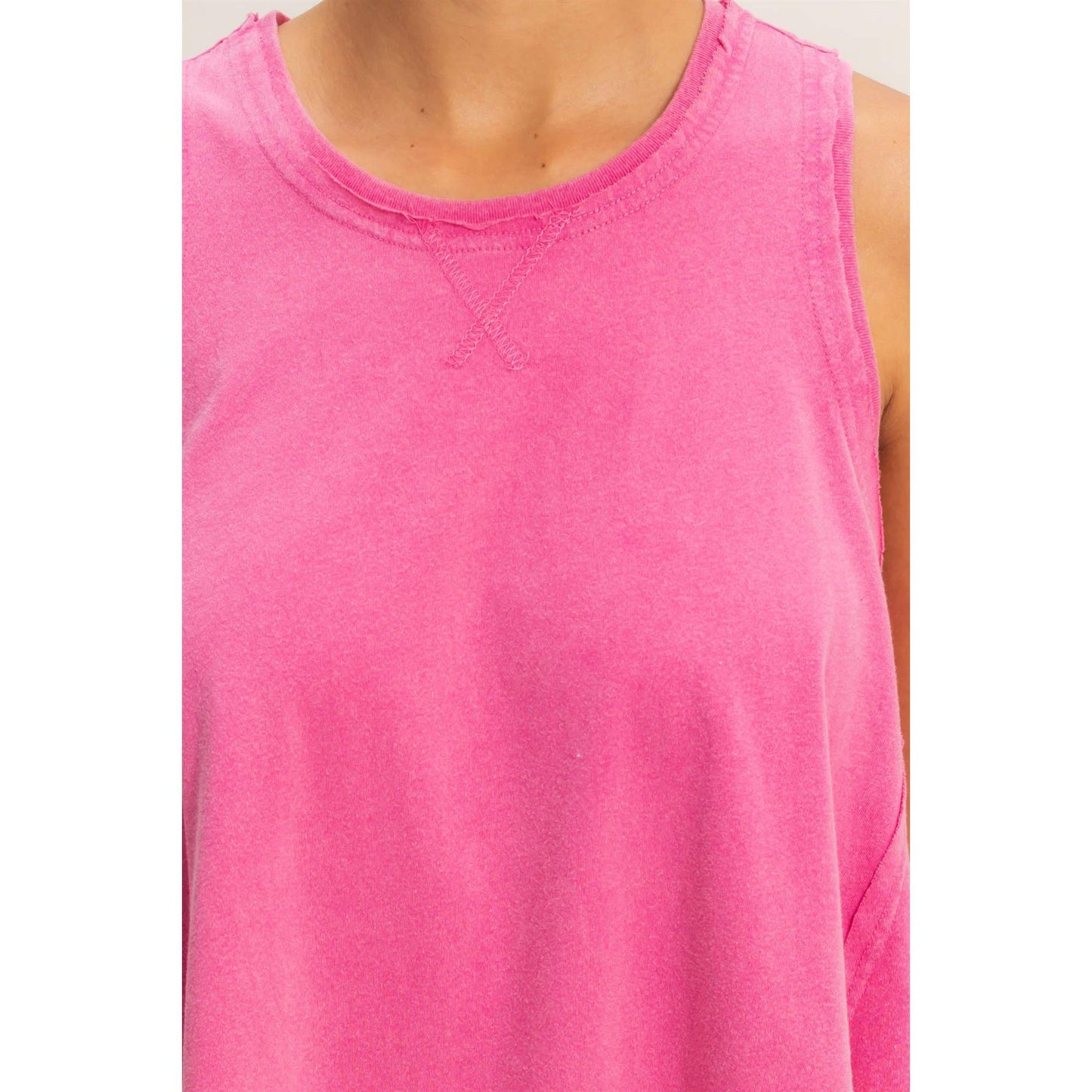 Raw Edge Details Sleeveless Washed Top: FUCHSIA