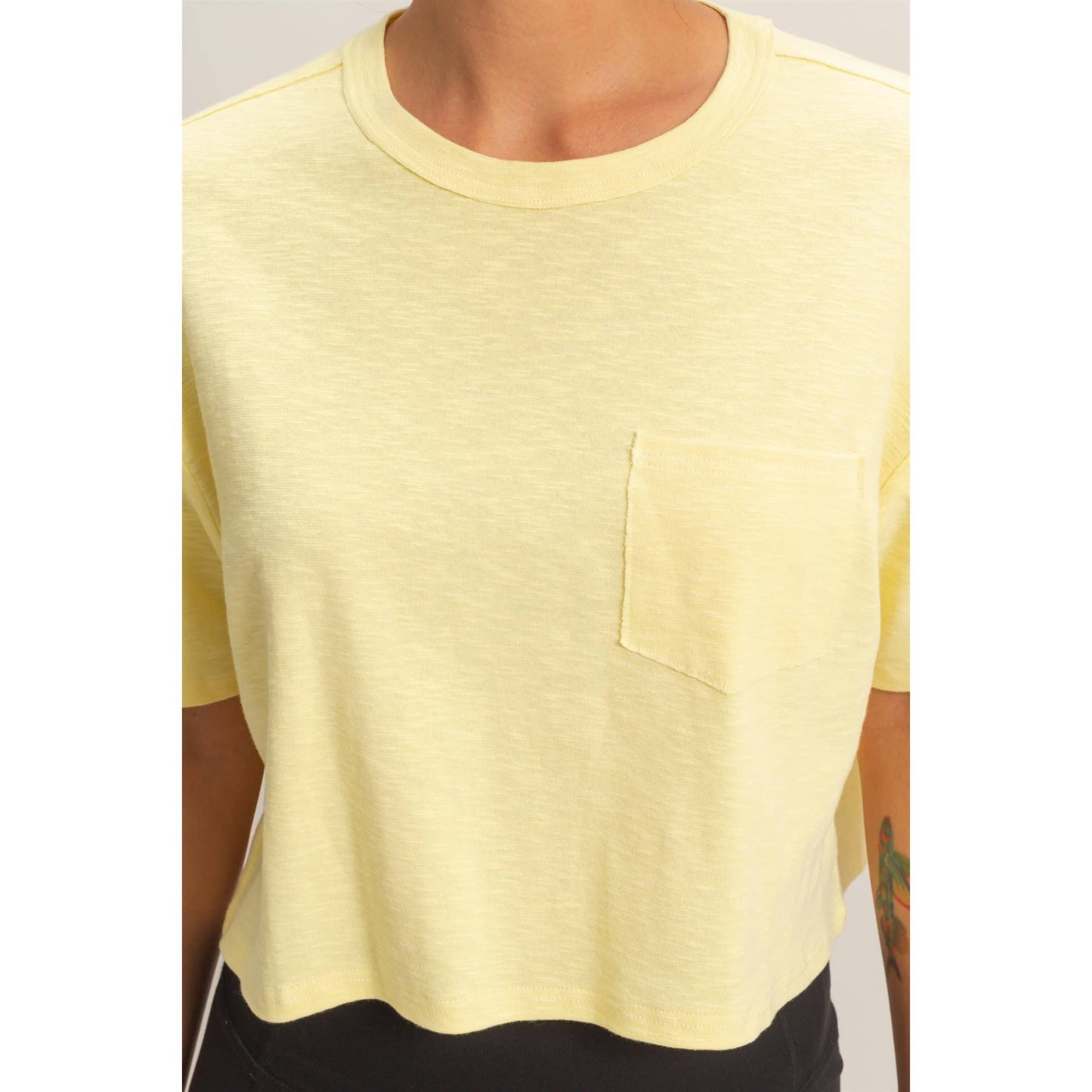Boxy Crew Neck Top With Pocket: PALE YELLOW